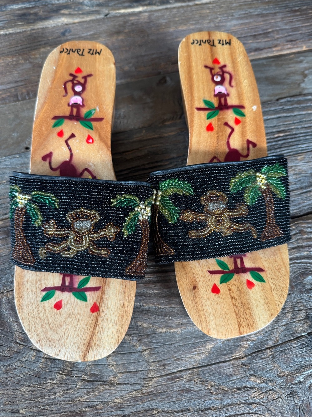 Miz Tanice‎ 70’s/80’s beaded hand painted monkey wooden soles slides 9